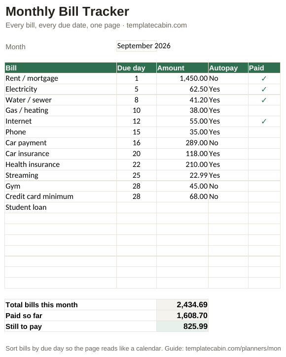 The monthly bill tracker with an example month partially checked off