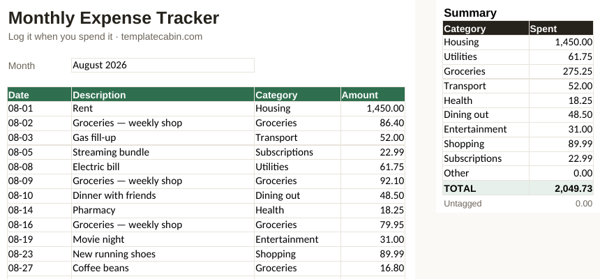 The expense tracker's log and live category summary, filled in with an example month