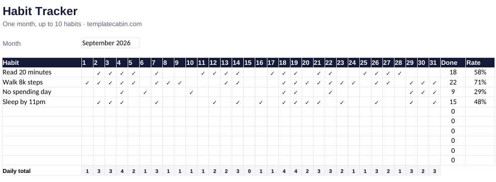 The habit tracker with four example habits and a month of checkmarks