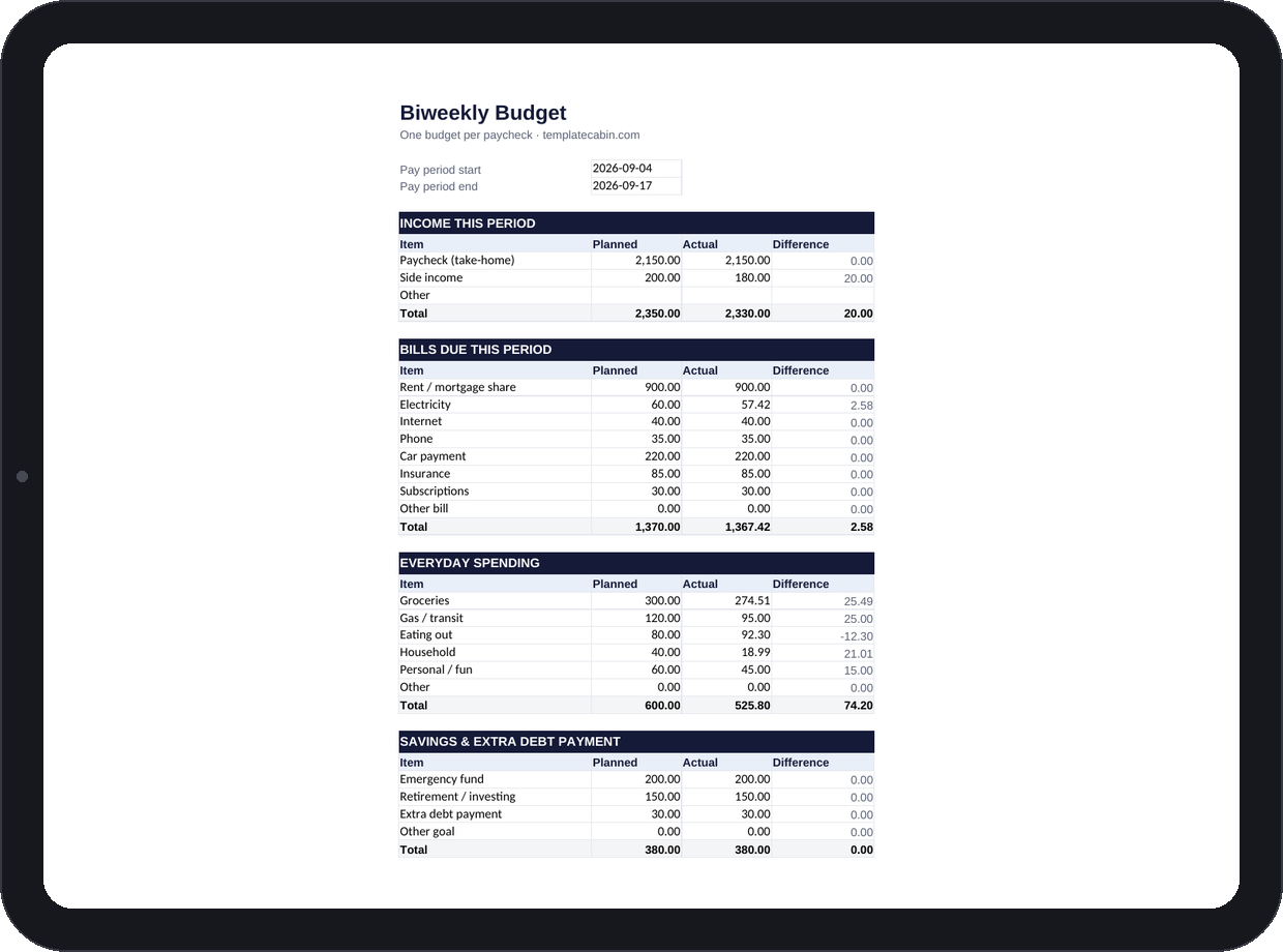 Free Biweekly Budget Template preview