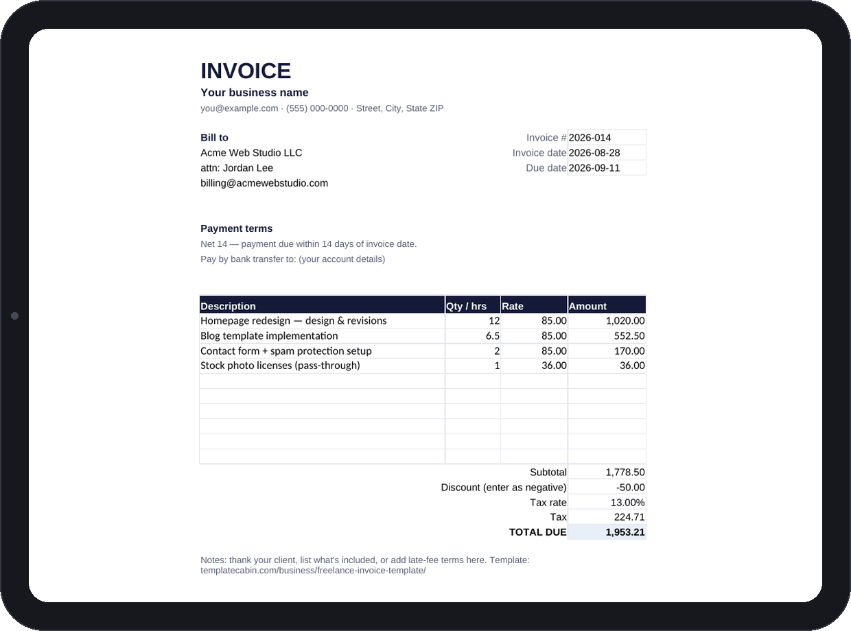 Free Freelance Invoice Template preview