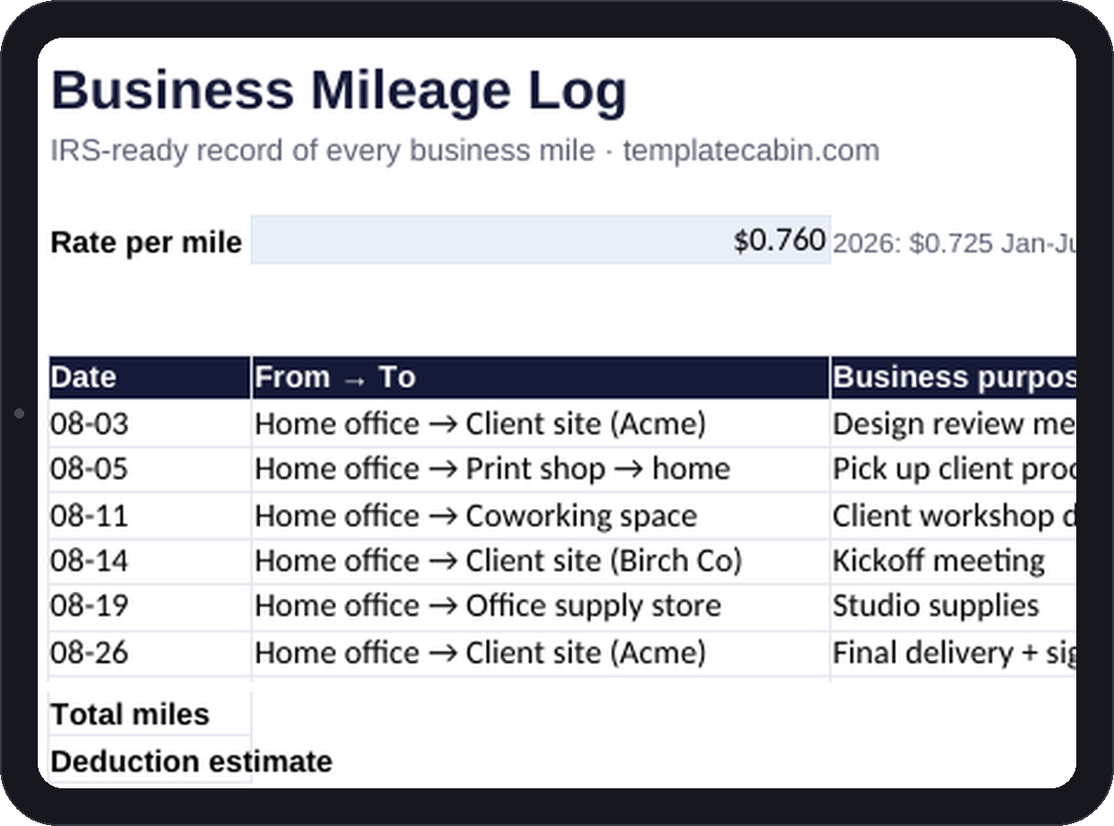 Mileage Log Template preview
