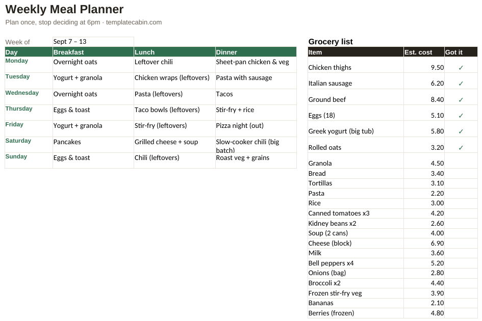 The weekly meal planner filled in with an example week and costed grocery list