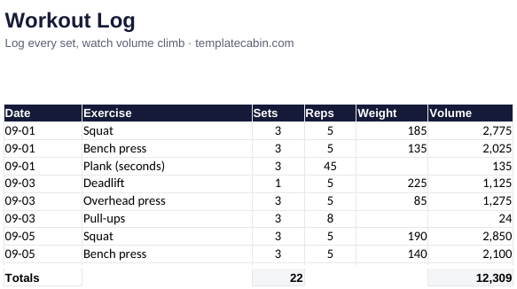 The workout log filled with an example week of training